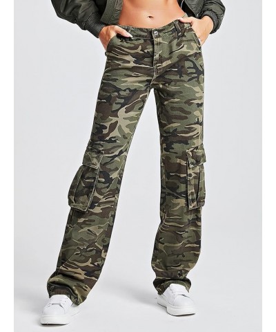 Women's Camo Print Cargo Jeans High Waist Wide Leg Denim Army Pants Army Green Camo $31.00 Jeans