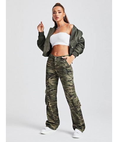 Women's Camo Print Cargo Jeans High Waist Wide Leg Denim Army Pants Army Green Camo $31.00 Jeans