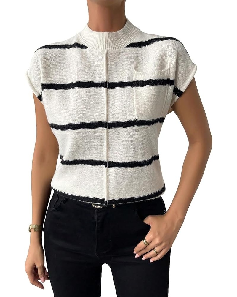 Women's Casual Striped Pattern Mock Neck Pocket Sweater Vest Knit Tops White and Black $13.60 Sweaters