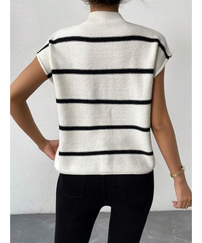 Women's Casual Striped Pattern Mock Neck Pocket Sweater Vest Knit Tops White and Black $13.60 Sweaters