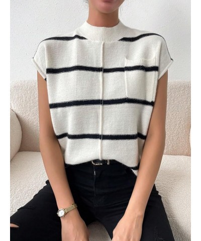 Women's Casual Striped Pattern Mock Neck Pocket Sweater Vest Knit Tops White and Black $13.60 Sweaters