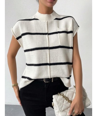 Women's Casual Striped Pattern Mock Neck Pocket Sweater Vest Knit Tops White and Black $13.60 Sweaters