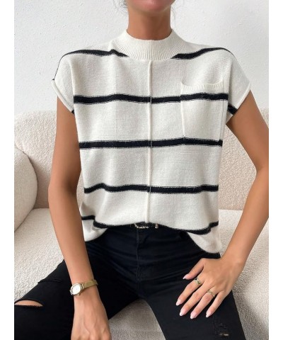 Women's Casual Striped Pattern Mock Neck Pocket Sweater Vest Knit Tops White and Black $13.60 Sweaters