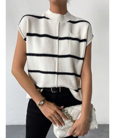 Women's Casual Striped Pattern Mock Neck Pocket Sweater Vest Knit Tops White and Black $13.60 Sweaters