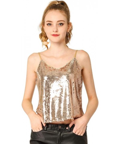 Women's Sequined Shining Camisole Club Party Glitter Disco Sparkle Cami Top Rose Gold $17.10 Tanks