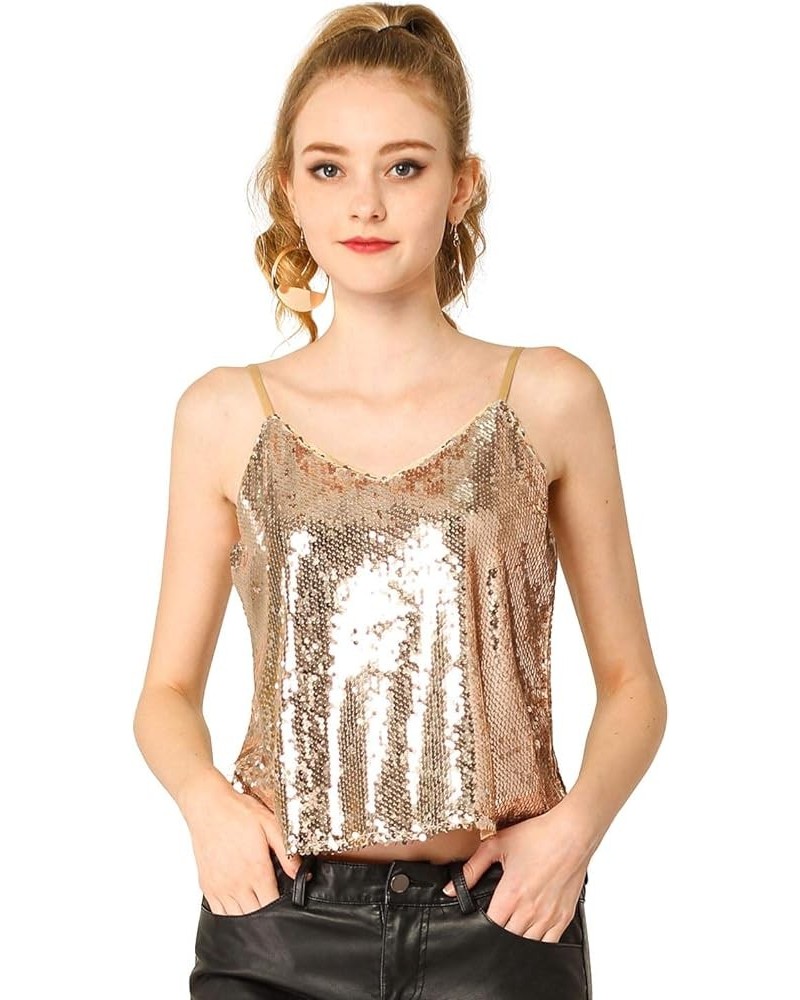 Women's Sequined Shining Camisole Club Party Glitter Disco Sparkle Cami Top Rose Gold $17.10 Tanks