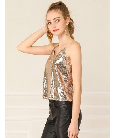 Women's Sequined Shining Camisole Club Party Glitter Disco Sparkle Cami Top Rose Gold $17.10 Tanks