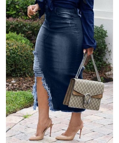 Women's Casual Slit Denim Midi Jean Skirt Button Up Stretch High Waist Frayed with Pockets 2537darkblue $14.83 Skirts