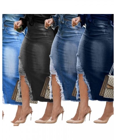 Women's Casual Slit Denim Midi Jean Skirt Button Up Stretch High Waist Frayed with Pockets 2537darkblue $14.83 Skirts