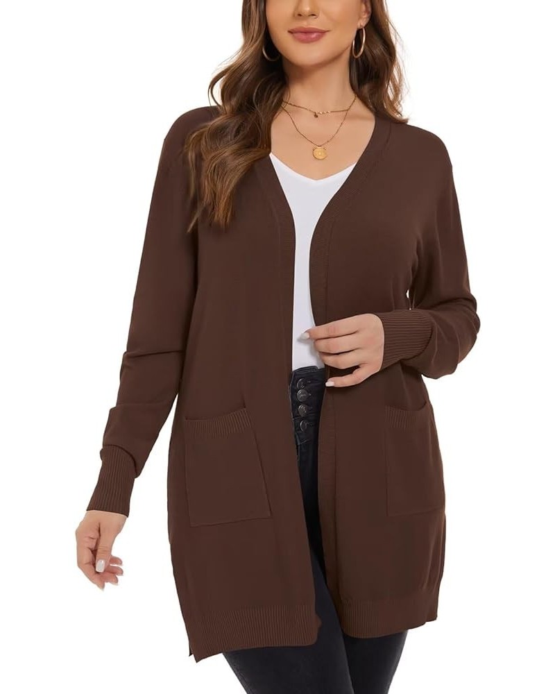 Women's Open Front Cardigans Sweaters with Pockets Long Sleeve Casual Solid Sweater Coat Brown $11.33 Sweaters