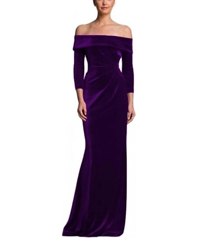 Off Shoulder Velvet Formal Dress Long Sleeve Mother of Bride Dress Mermaid Bridesmaid Dress DIL127 Purple $38.15 Dresses
