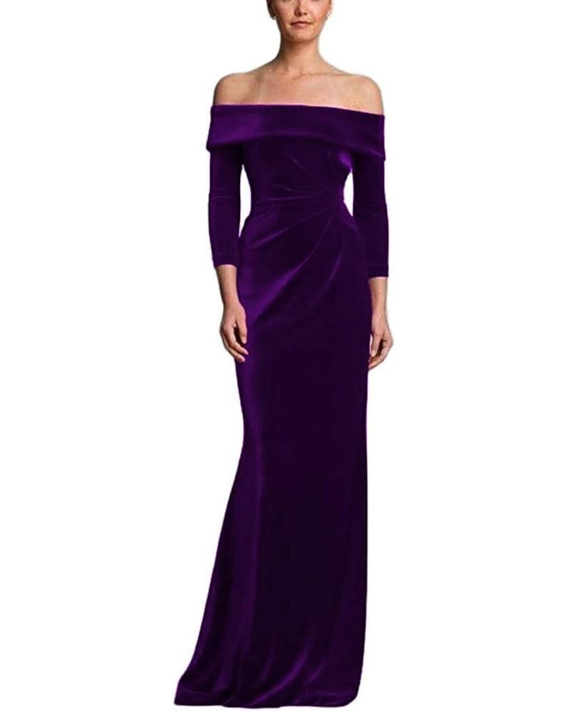 Off Shoulder Velvet Formal Dress Long Sleeve Mother of Bride Dress Mermaid Bridesmaid Dress DIL127 Purple $38.15 Dresses