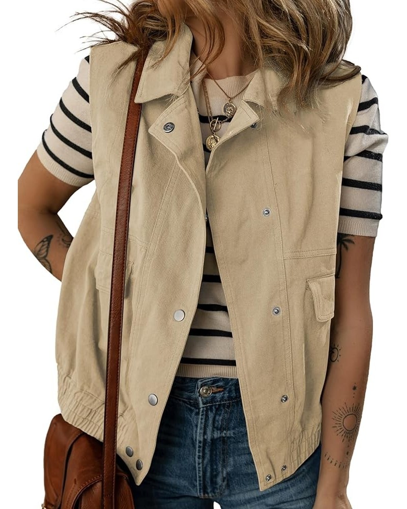 Womens Vests Outerwear Button-Down Lapel Collar Elastic Hem Lightweight Spring Waistcoat Sleeveless Jacket Cargo Vest Khaki $...