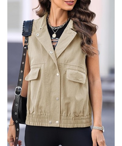 Womens Vests Outerwear Button-Down Lapel Collar Elastic Hem Lightweight Spring Waistcoat Sleeveless Jacket Cargo Vest Khaki $...