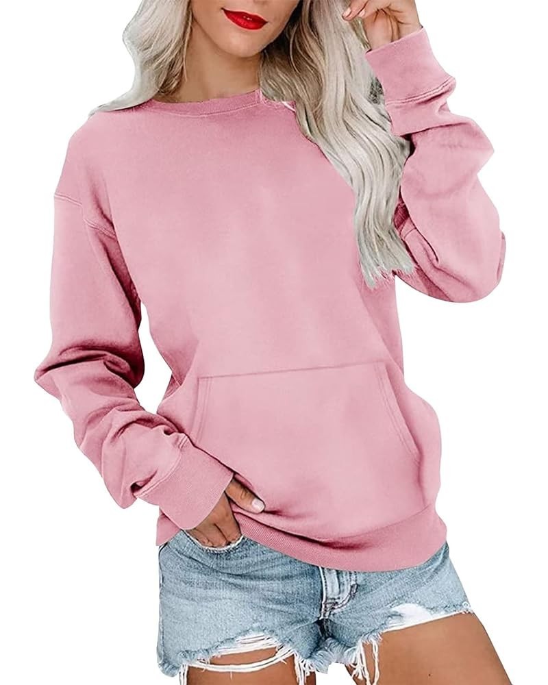 Crewneck Sweatshirts for Women Casual Basic Pullover Long Sleeve Solid Color Winter Tops Outfits with Pockets 2023 E019- Pink...