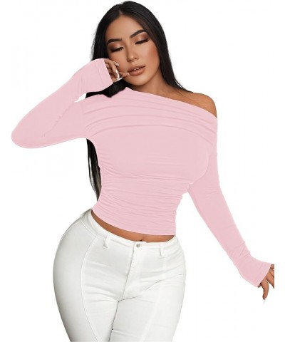Women's Off The Shoulder Long Sleeve GoingOut Workouts Crop Tops Pink $8.54 T-Shirts