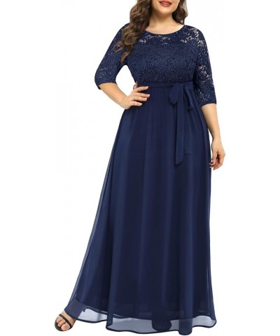 Women's Plus Size Lace Chffon Long Maxi 3/4 Sleeve V-Back Formal Dress Navy $33.12 Dresses