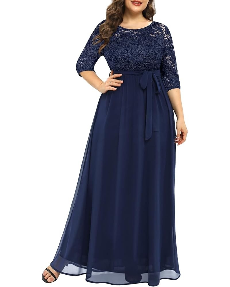 Women's Plus Size Lace Chffon Long Maxi 3/4 Sleeve V-Back Formal Dress Navy $33.12 Dresses