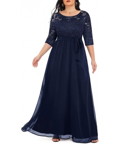 Women's Plus Size Lace Chffon Long Maxi 3/4 Sleeve V-Back Formal Dress Navy $33.12 Dresses