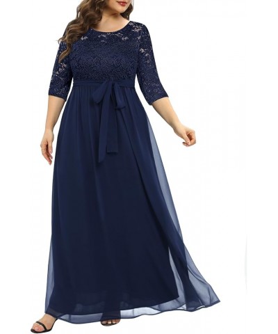 Women's Plus Size Lace Chffon Long Maxi 3/4 Sleeve V-Back Formal Dress Navy $33.12 Dresses