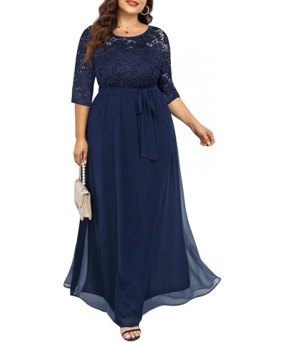 Women's Plus Size Lace Chffon Long Maxi 3/4 Sleeve V-Back Formal Dress Navy $33.12 Dresses