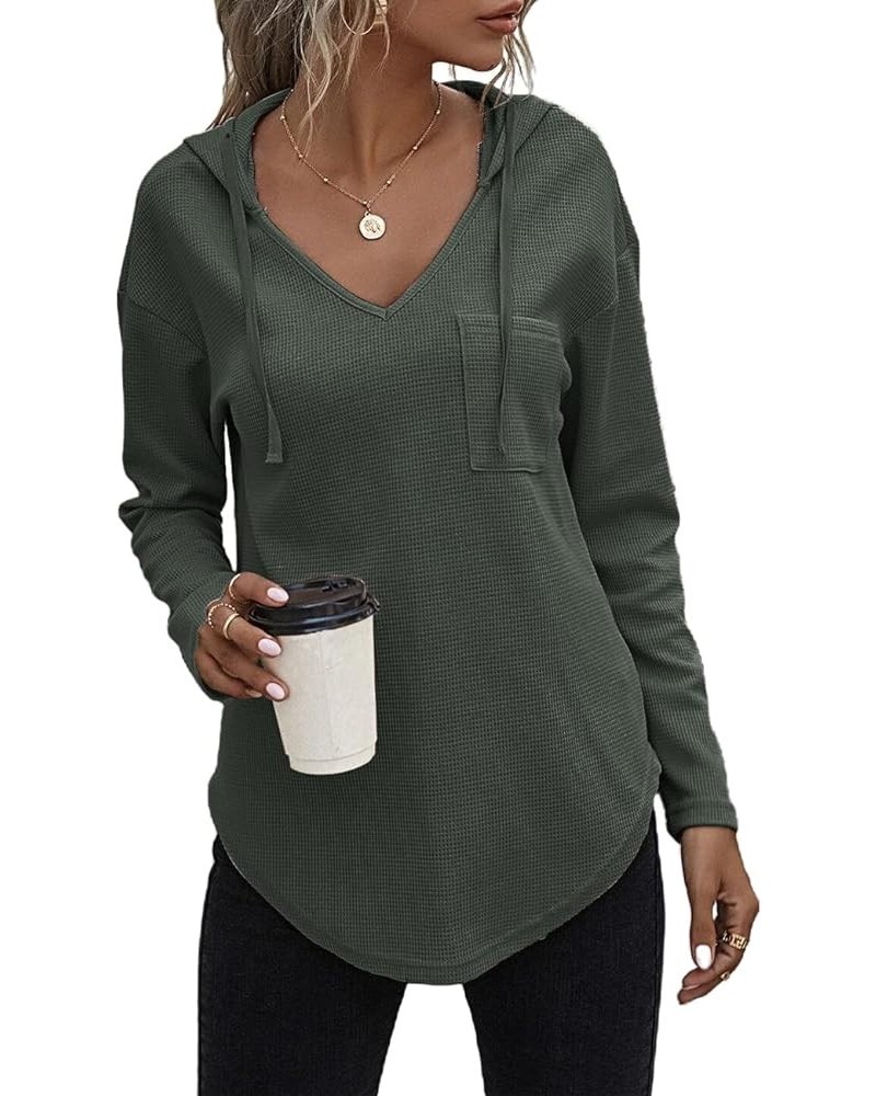 Women's V Neck Hoodies Long Sleeve Sweatshirt Drawstring Pullover Tops with Pocket 06-army Green $14.28 Hoodies & Sweatshirts