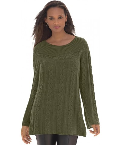 Women's Plus Size Cable Sweater Tunic Dark Olive Green $20.96 Sweaters