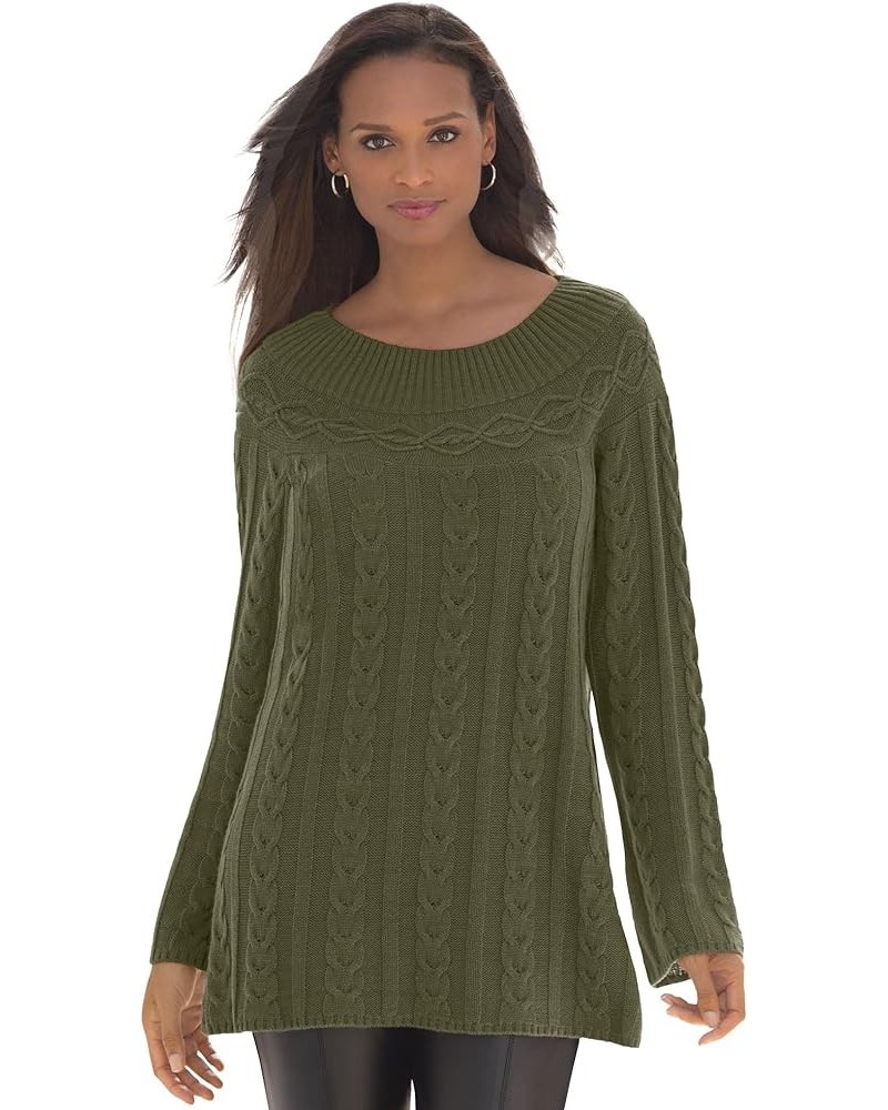 Women's Plus Size Cable Sweater Tunic Dark Olive Green $20.96 Sweaters