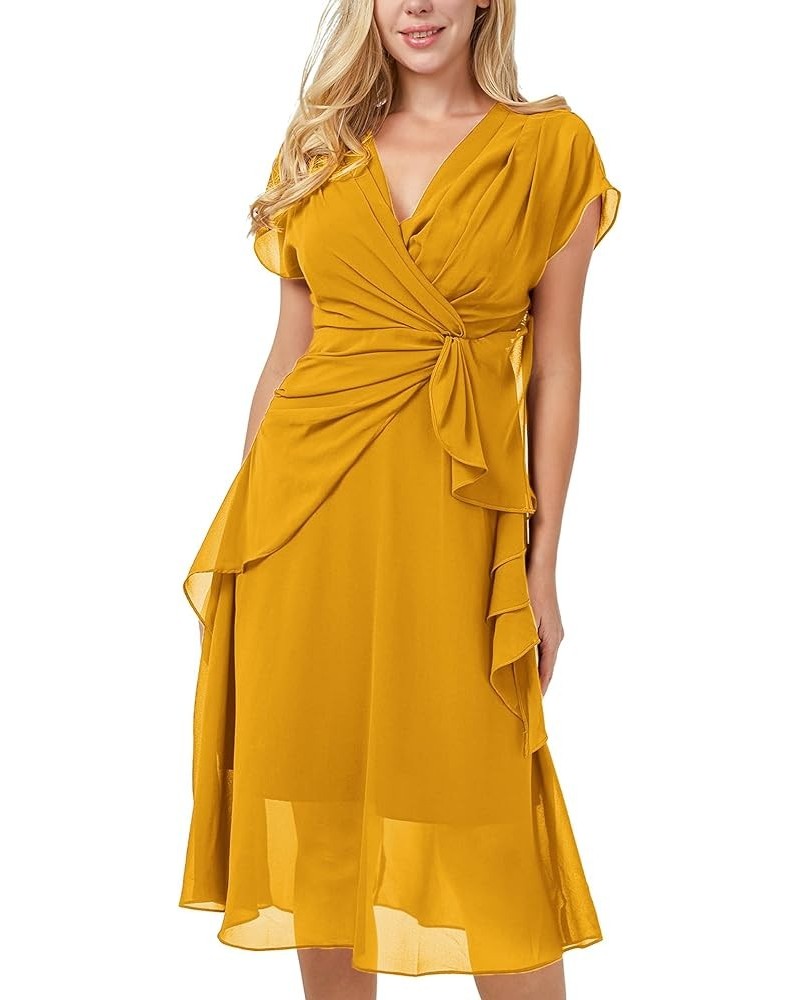 Women's Summer Double V Neck Dress, Flutter Sleeve Ruffle Chiffon Formal Party Wedding Guest Midi Dresses Yellow $12.88 Dresses