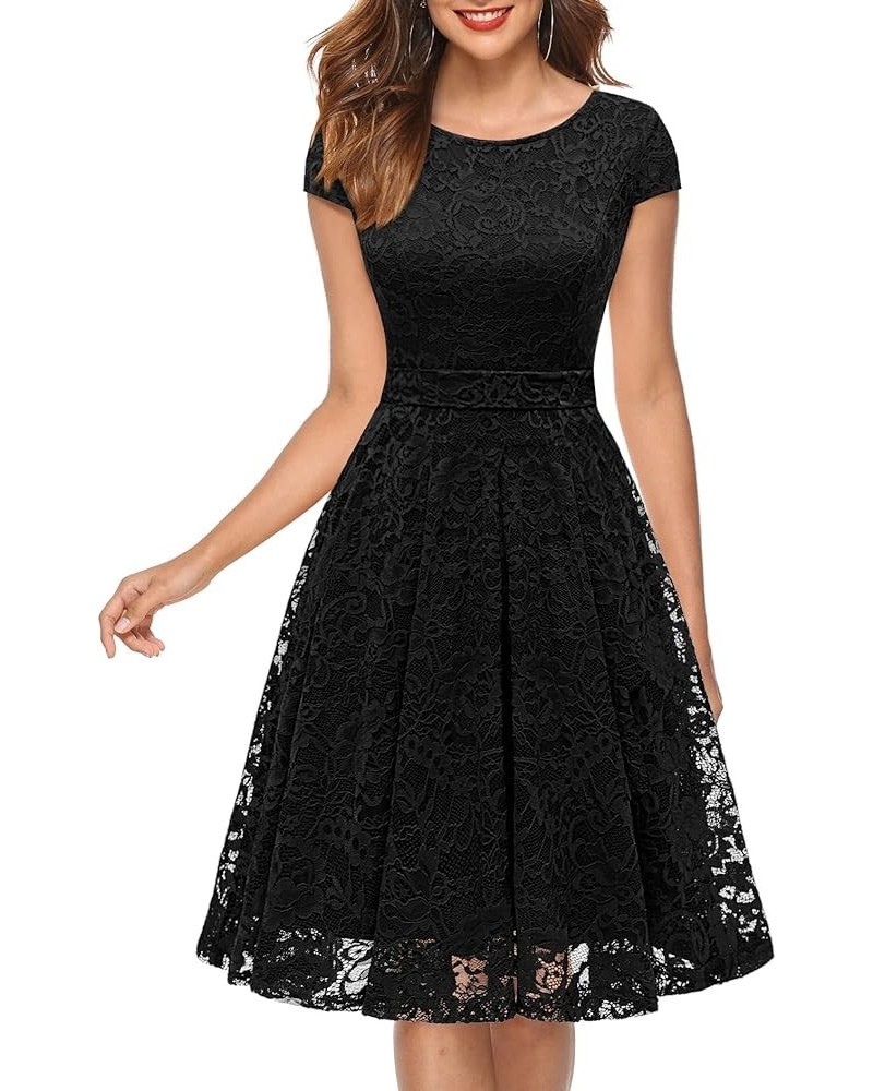 Women Cap-Sleeve Lace Floral Elegant Cocktail Dress Crew Neck Knee Length Bridesmaid Prom Dresses for Party Round Neck-black ...