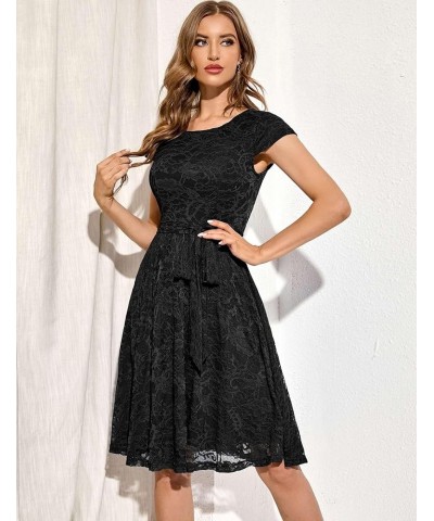 Women Cap-Sleeve Lace Floral Elegant Cocktail Dress Crew Neck Knee Length Bridesmaid Prom Dresses for Party Round Neck-black ...