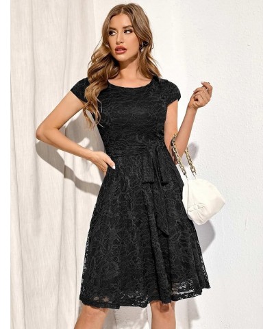 Women Cap-Sleeve Lace Floral Elegant Cocktail Dress Crew Neck Knee Length Bridesmaid Prom Dresses for Party Round Neck-black ...