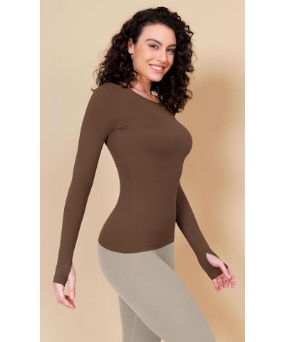 Cloud Feeling Long Sleeve Shirts with Thumb Hole for Women Crew Neck Yoga Tee Workout Tops Brunette $14.74 Activewear