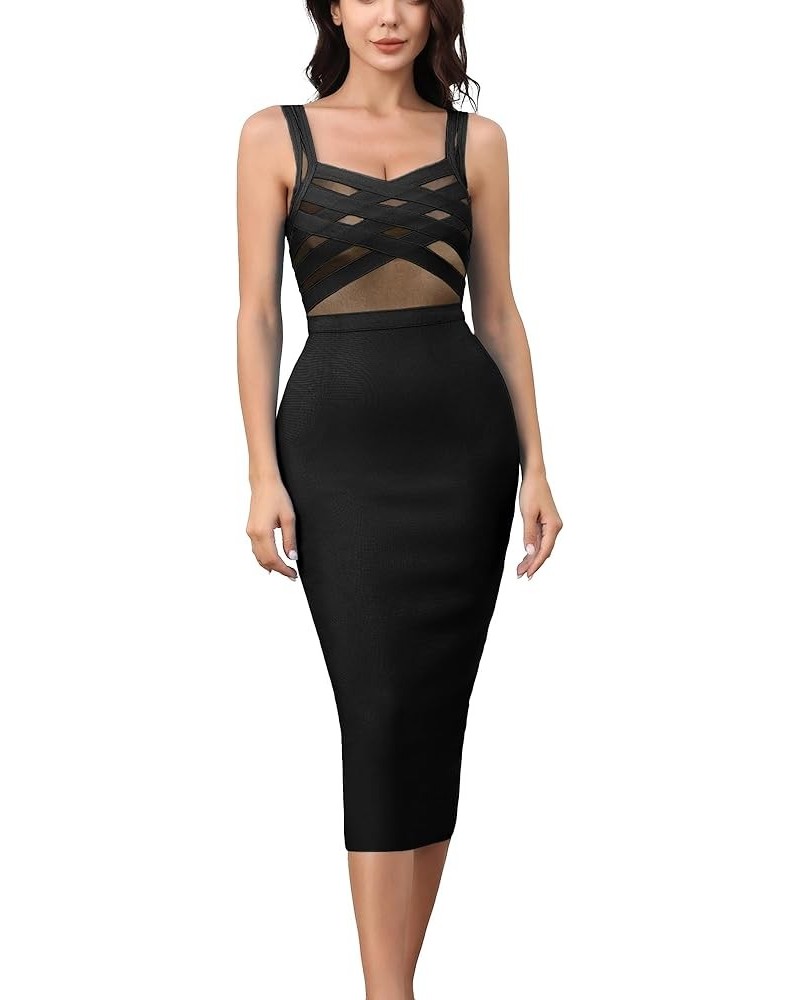 Women's Stretchy Bandage Bodycon Midi Dress Elegant Sleeveless Spaghetti Straps Evening Party Cocktail Dresses Black $23.03 D...