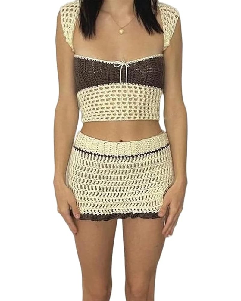 Women Crochet Knit Mini Skirt Set Summer 2 Piece Outfits Strappy Crop Top Bodycon Skirt Suit Slim Fit Beach Sets Brown $9.68 ...