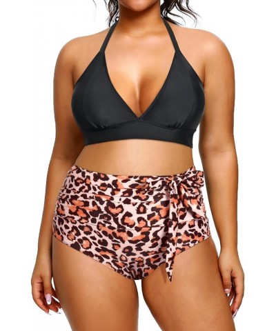 Women Plus Size Two Piece Bikini Halter Swimsuits High Waisted SwimwearTummy Control Bathing Suits Black Leopard $18.61 Swims...