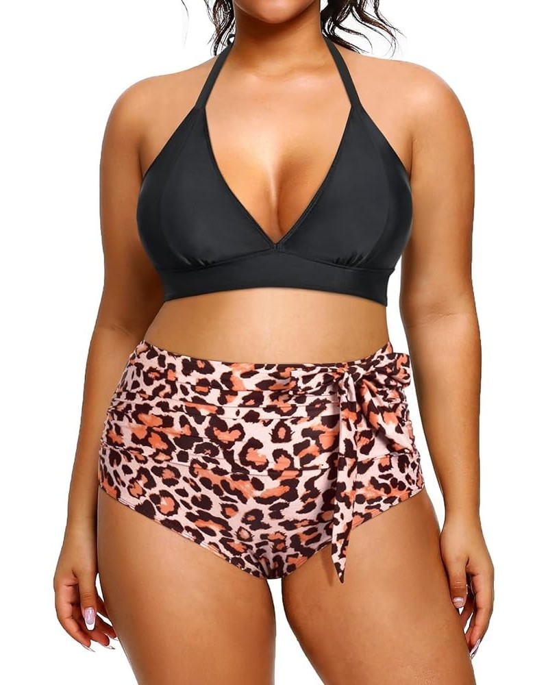 Women Plus Size Two Piece Bikini Halter Swimsuits High Waisted SwimwearTummy Control Bathing Suits Black Leopard $18.61 Swims...