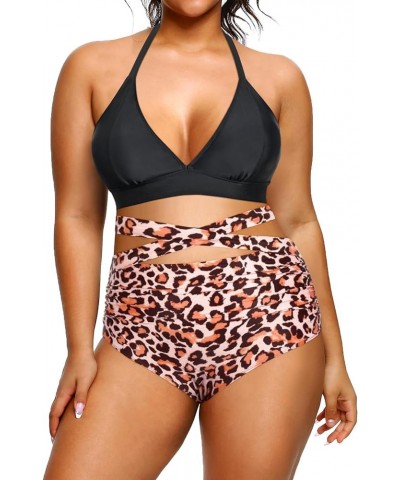 Women Plus Size Two Piece Bikini Halter Swimsuits High Waisted SwimwearTummy Control Bathing Suits Black Leopard $18.61 Swims...