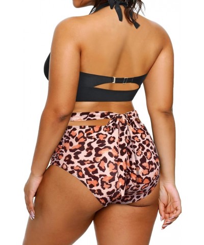 Women Plus Size Two Piece Bikini Halter Swimsuits High Waisted SwimwearTummy Control Bathing Suits Black Leopard $18.61 Swims...