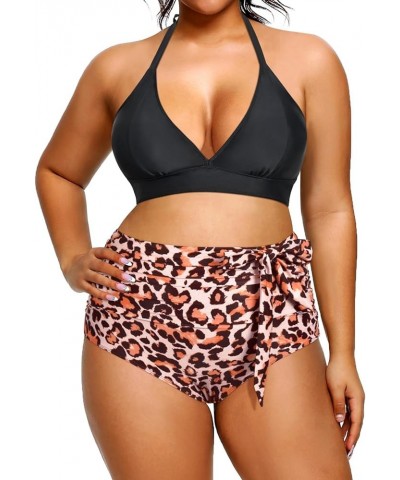 Women Plus Size Two Piece Bikini Halter Swimsuits High Waisted SwimwearTummy Control Bathing Suits Black Leopard $18.61 Swims...