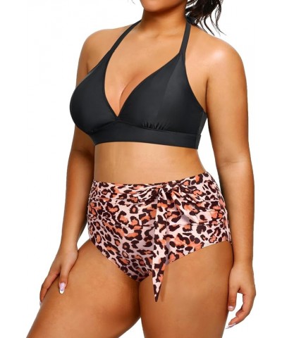 Women Plus Size Two Piece Bikini Halter Swimsuits High Waisted SwimwearTummy Control Bathing Suits Black Leopard $18.61 Swims...