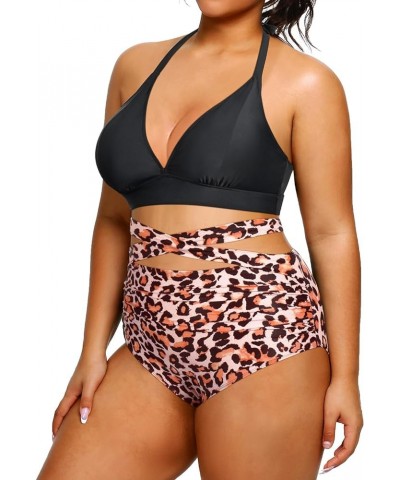 Women Plus Size Two Piece Bikini Halter Swimsuits High Waisted SwimwearTummy Control Bathing Suits Black Leopard $18.61 Swims...