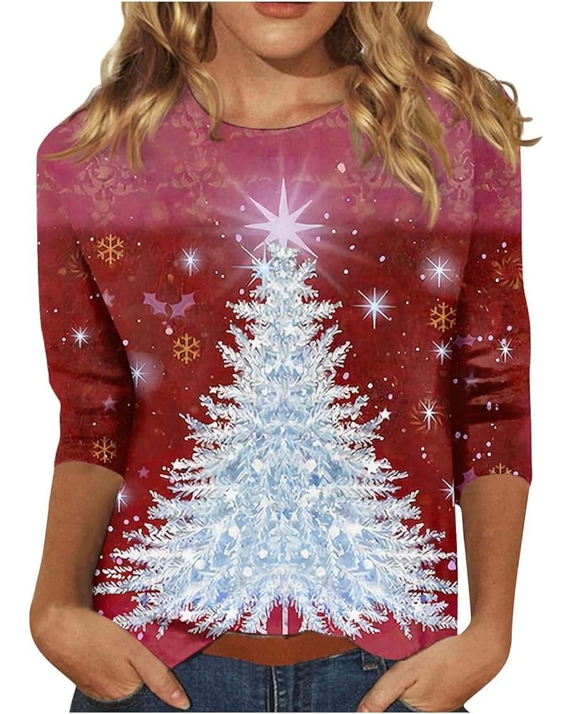 Christmas Tee Womens Tops Trendy 3/4 Sleeve Casual Pullover Christmas Day Print T Shirts Loose Blouse Sweatshirt 01-deep Red ...