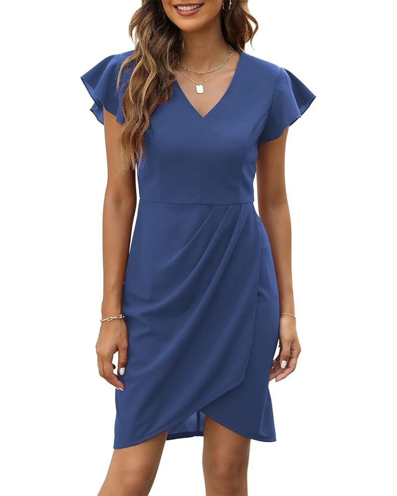 Women's Flutter Sleeve Bodycon V Neck Summer Dress Wrap Ruched Wedding Guest Mini Dresses MY111 Blue $20.68 Dresses