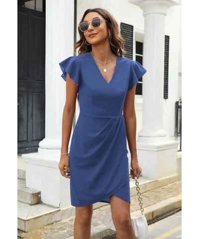 Women's Flutter Sleeve Bodycon V Neck Summer Dress Wrap Ruched Wedding Guest Mini Dresses MY111 Blue $20.68 Dresses