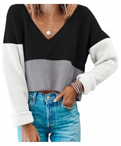 Women's Cropped Sweaters V Neck Long Sleeve Waffle Knit Pullover Sweaters Black Grey White $14.35 Sweaters