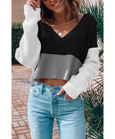 Women's Cropped Sweaters V Neck Long Sleeve Waffle Knit Pullover Sweaters Black Grey White $14.35 Sweaters