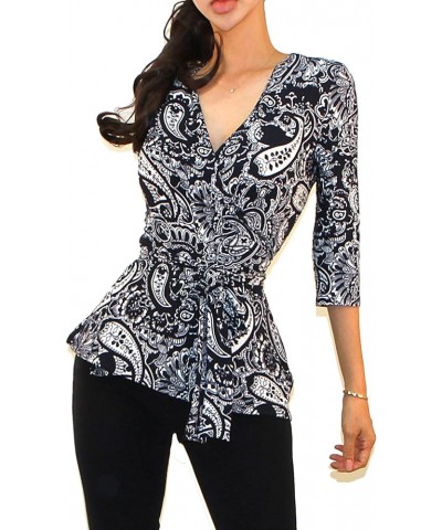 Women's USA 3/4 Sleeve V-Neck Waist Wrap Blouse Top Nt15, Multi $11.37 Blouses