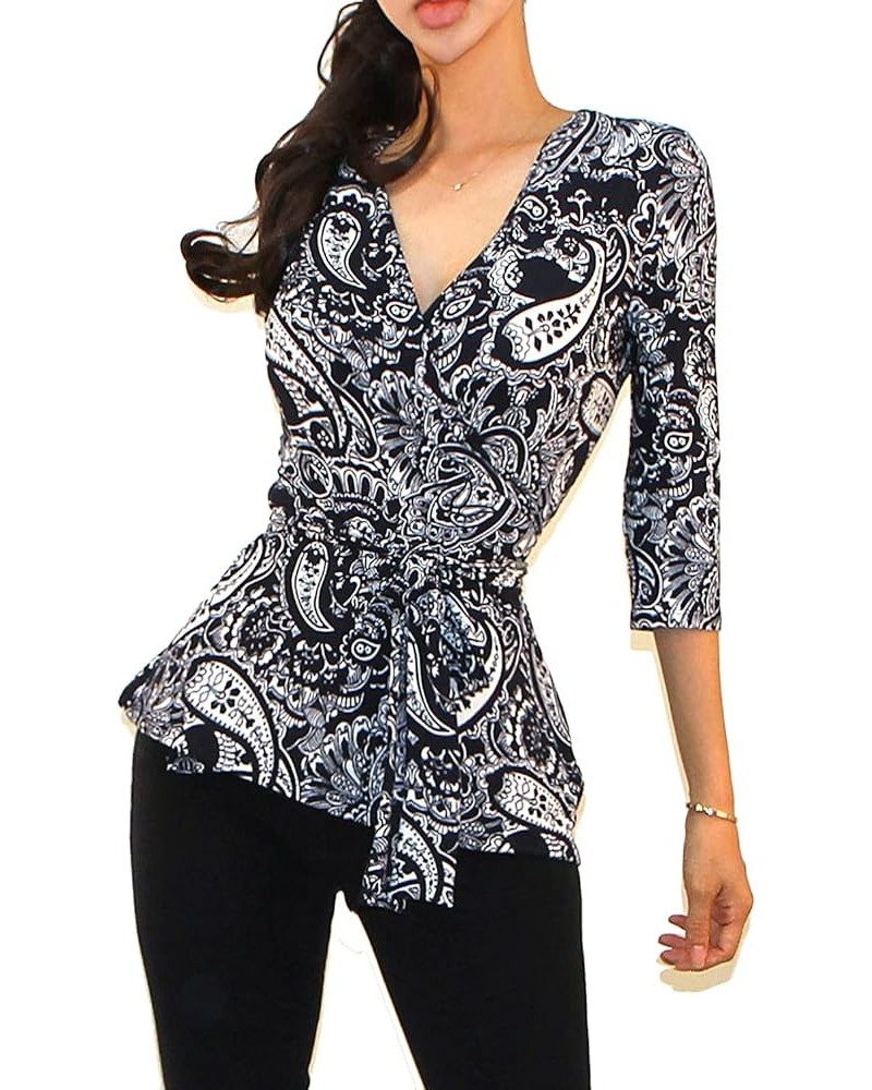 Women's USA 3/4 Sleeve V-Neck Waist Wrap Blouse Top Nt15, Multi $11.37 Blouses