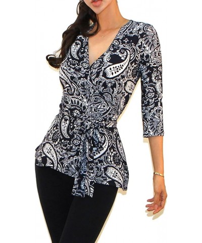 Women's USA 3/4 Sleeve V-Neck Waist Wrap Blouse Top Nt15, Multi $11.37 Blouses